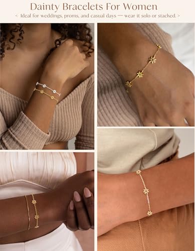 Dainty Silver Gold Bracelets for Women Trendy Non Tarnish 14K Gold Plated Cute Clover Bracelet Stackable Daisy Cubic Zirconia Diamond Charm Bracelet Stack Waterproof Jewelry Gifts - color: H- Sunflower Bracelet- Gold