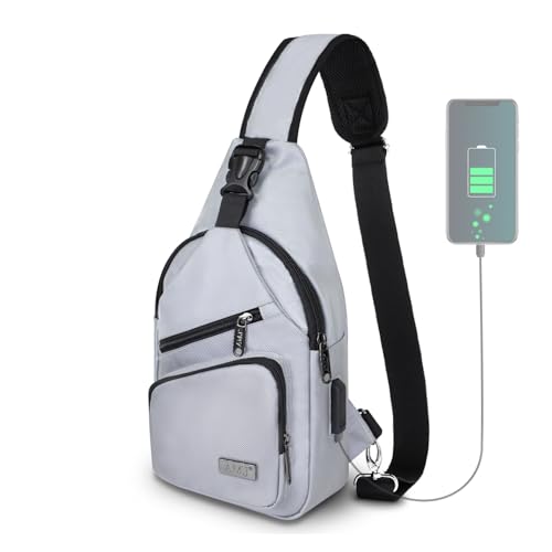 AMJ Crossbody Sling Bag Men Women, Casual Shoulder Backpack, Chest Daypack Satchel for Hiking Travel - color: White Gray, size: Large