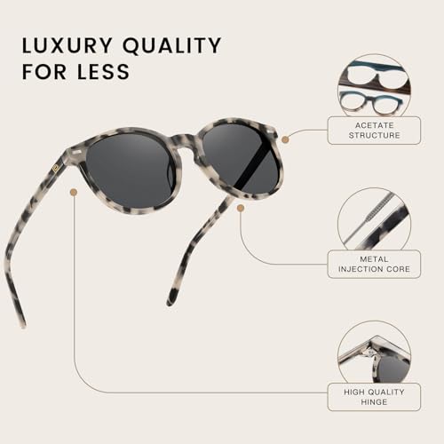 DUCO Women's Trendy Retro Round Acetate Polarized Sunglasses, UV400 99% Glare Block, Lightweight for Daily & Outdoor - color: 8. Black Tortoise Frame Grey Lens