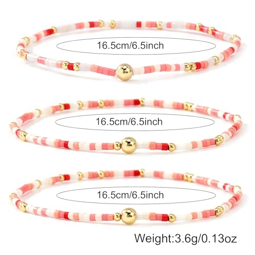 Dainty Gold Plated Tiny Ball Colorful Beaded Stack Bracelets Sets for Women,3Pcs Stackable Cute Bracelet Stretch Trendy Ball Jewelry Friendship Gift - color: peach-pink