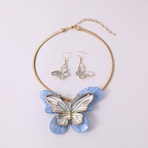 Vintage Chunky Statement Jewelry Set Retro Leaf Floral Geometric Bohemian Boho Bib Necklace Earring Set Fashion Costume Jewelry for Women Girls Wedding Party Prom Unique Gift - style: Butterfly - Light Blue