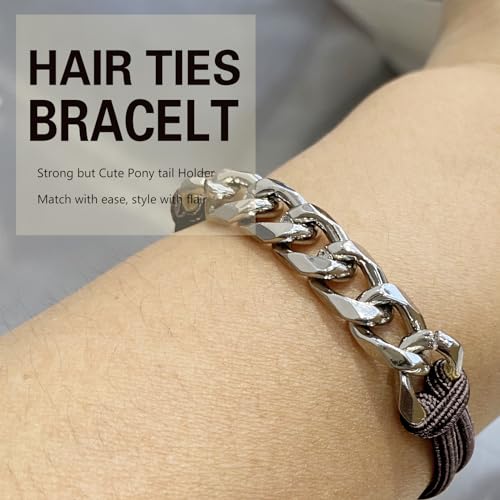 Bracelet Hair Ties, Brown Elastic Ponytail Holders Hair Ties with Silver Jewelry for Girls Women Cute Stretchy Hair Tie Accessories for Girls Gifts (DK Brown with Silver) - color: DK Brown-05