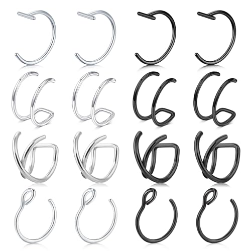 Briana Williams Fake Lip Piercing Fake Lip Ring Fake Nose Ring Fake Nose Piercing Faux Lip Rings Fake Snake Bite Piercing Clip on Non Piercing Double Cartilage Helix Earrings Ear Cuff for Women Men - color: D -8pairs silver & black