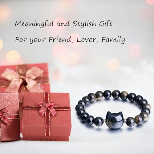Beaded Bracelets for Women, Black Obsidian Money Attraction Bracelet, 8mm Healing Relax Anxiety Luck Crystal Bead Bracelets, Adjustable Jewelry Feng Shui Stretch Bracelet Cat Lover Gifts for Women Men - color: Black Cat