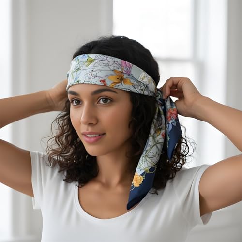 Premium Floral Scarf for Women 35x35 Square Silk Feel-Lightweight Scarves Headscarf Bandanas Wrapping Handbag - color: Wildflower