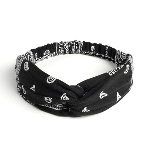 AQOKKA Elastic Knotted Headbands for Women Cloth Head Hair Bands for Women's Hair Non Slip Boho Wrap Twisted Hair Accessories - color: 4 Pack Cross Floral : Navy, Black, Burgundy, White