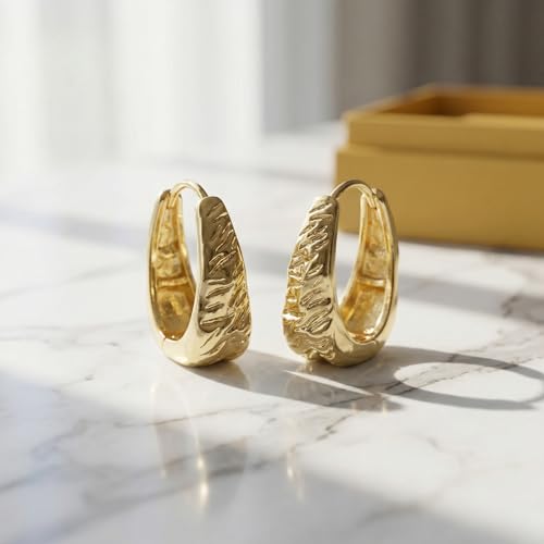 14K Gold Plated Wide Chonky Hinge Hoop Earrings for Women, Ribbed Textured U-Shape Oval Hoops, Lightweight Dainty Hollow Jewelry Gift, Nickel-Free Hypoallergenic 25MM