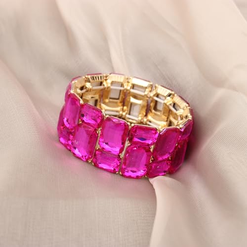 Women’s Wedding Bridal Crystal Leaf Flower Stretch Bangle Elastic Wide Bracelet Jewelry for Brides Bridesmaid - color: Style2-Rose Red-Gold Plated