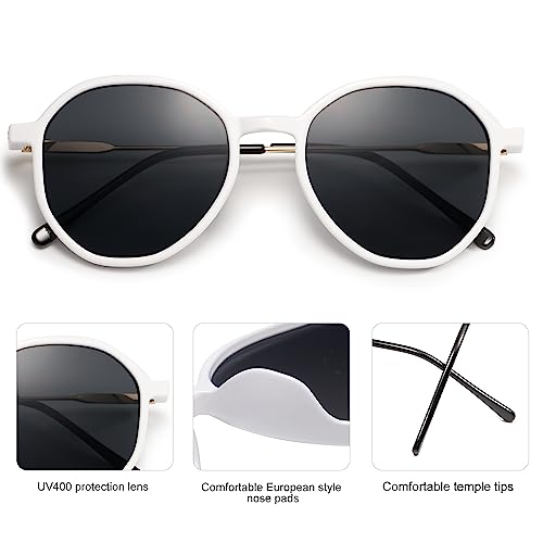 SOJOS Trendy Designer Hexagon Round Sunglasses for Women Fashion Big Shades Geometric Women Sunglasses SJ2181 - color: White