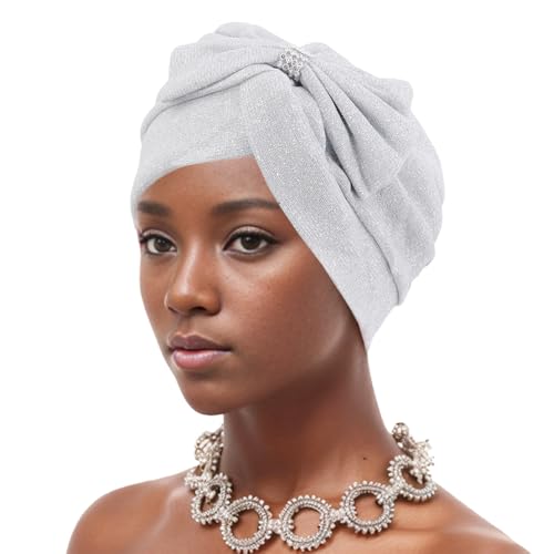 Erinaco Women Sparkle Sequin African Turban Bow Knot Pre-Tied Cap Pleated Ruffle Bonnet Beanie Hat Headwrap Skull Caps - color: Glitter White