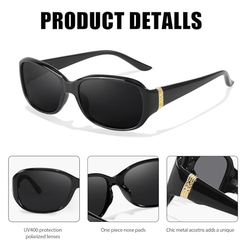 LVIOE Trendy Sunglasses for Women, Polarized Chic Wrap Around Sun Glasses UV400 Protection - color: A2 Black Frame/Grey