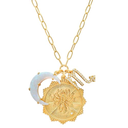Dainty Gold Zodiac Embossed Coin Opal Crescent Moon Charm Necklace for Women Trendy 18K Gold Plated Retro Paperclip Chain 12 Constellation Horoscope Necklaces Astrology Jewelry Gifts - style: 8.SCORPIO (OCT 23-NOV 21)