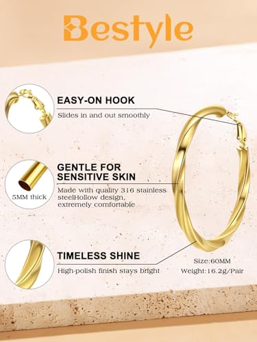 Bestyle 5mm Thick Gold Hoop Earrings Hypoallergenic Hoops for Sensitive Ears Trendy Lightweight Chunky Earrings for Women 30/40/60/80mm - color: 02-Gold, size: 60mm