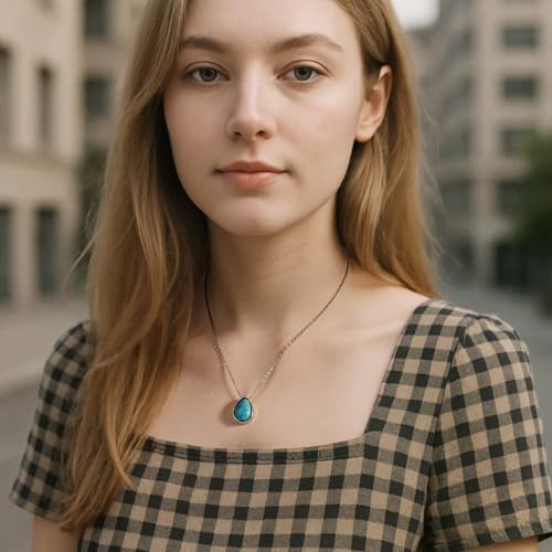 Turquoise Teardrop Necklace for Women – Silver Teardrop Turquoise Necklace with Genuine Stone, Silver Boho Gemstone Jewelry for Gift