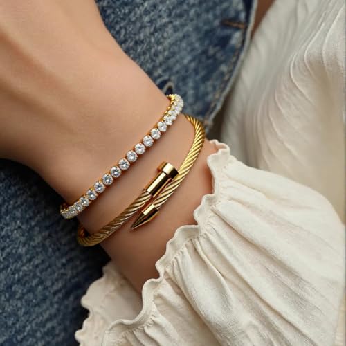 2PCS 18K Gold Plated Nail Bangle & Chain Bracelet Set for Women, Adjustable Stackable Bangle Jewelry, Dainty Gold Bracelet Gift for Women - color: Set A-tennis