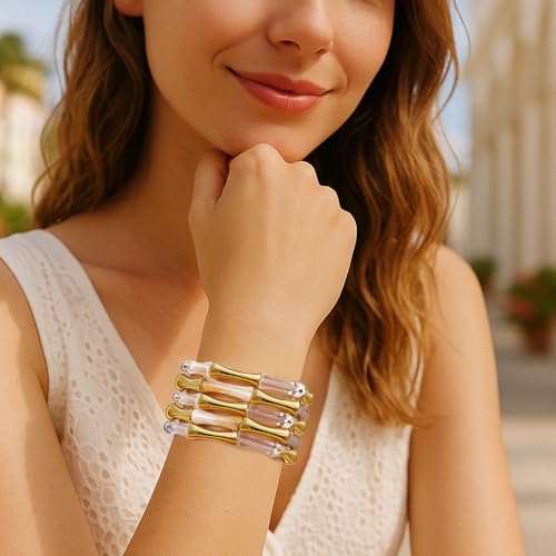 Gold Tube Bangle Bracelets for Women Stackable Bamboo Chunky Acrylic Beads Stretch Friendship Summer Beach Bracelet Jewelry - color: Colorful 02