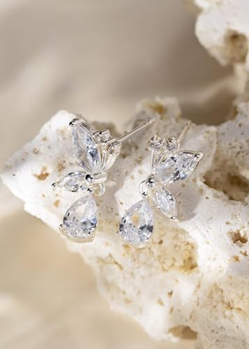Cubic Zirconia Earrings - 14K Gold/Whte gold/Rose Gold Plated Cubic Zirconia CZ Diamond Wedding Earrings for Women Bridal Bridesmaid - color: Silver Butterfly