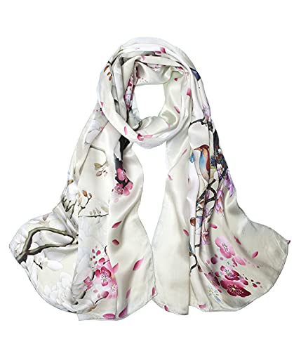 ANDANTINO 100% Silk Long Scarf-Women Large Oblong Shawls with Gift Packed - color: Beige-flower&birds