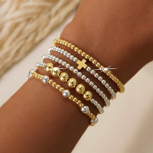 Silver Gold Beaded Bracelets for Women Stackable 14K Gold Plated Beads Ball Cross Bracelet Stack Non Tarnish Elastic Stretch Trendy Jewelry Christian Friendship Christmas Gifts for Women - color: 5pcs-Gold Cross
