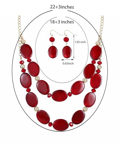 2 Layered Chunky Beaded Shell Necklace for Women Sea Shell blue/yellow/red/green/turquoise/teal/white Statement Necklace and Earring Set Elegant Women Necklace Set Jewelry Sets for Women - color: Burgundy