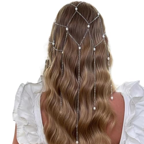 Multi-layered Tassel Pearl Headband Chain for Women Wedding Bridal Pearl Hair Clip Chain Headpiece Summer Beaded Headdress Jewelry for Prom Party - color: Silver