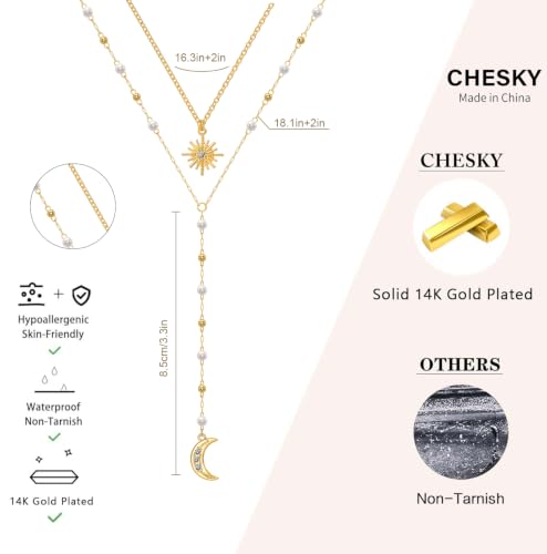 CHESKY Long Necklaces for Women, 14k Gold Plated/Streling Silver Lariat Necklace Dainty Statement Prom Necklace Rosary Cross Sun Drop Pendant Dangle Necklace Gold Prom Jewelry for Women Gifts - style: y necklace 16