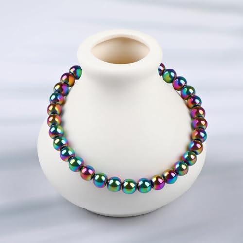 LPBeads Handmade Natural Gemstone Stretch Elastic Bracelet Healing Crystal Round Stone Beads Jewelry Gifts for Women Men - color: Rainbow Coated Hematite, size: 6mm