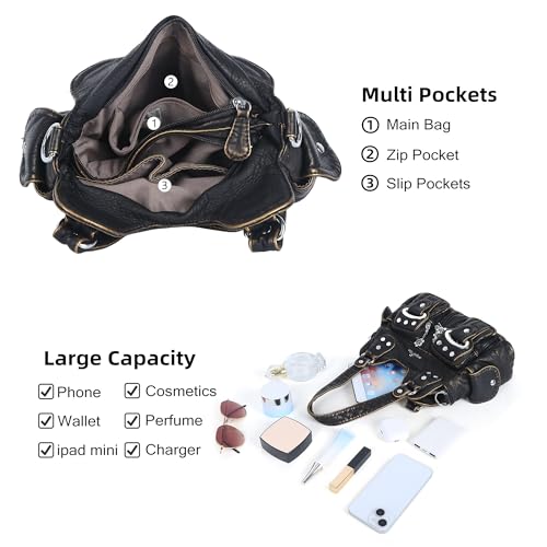 Angel Kiss Small Hobo Purses for Women, Washed Vegan Leather Multi-Pocket Purse, Shoulder Handbag with Adjustable Strap - color: Bronze