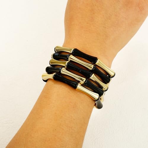 Gold Tube Bangle Bracelets for Women Stackable Bamboo Chunky Acrylic Beads Stretch Friendship Summer Beach Bracelet Jewelry - color: Black