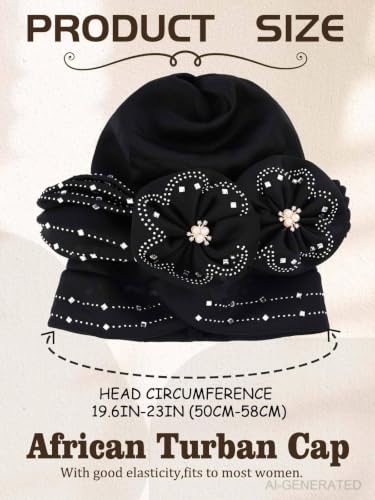 Woeoe Beanie Cap Head Wrap Black Rhinestones Head Scarf Flower Pearls Twisted Head Turban for Women Girls - color: Black