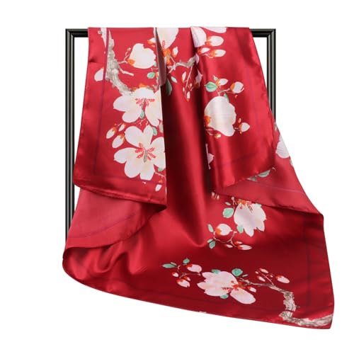 DRESHOW 35” Large Square Satin Head Scarf - 4Pcs Silk Accessories Classic Patterned Squares Beach Bandanas for Women - color: Floral Silk Scarf Set: Teal,pink,beige,burgundy