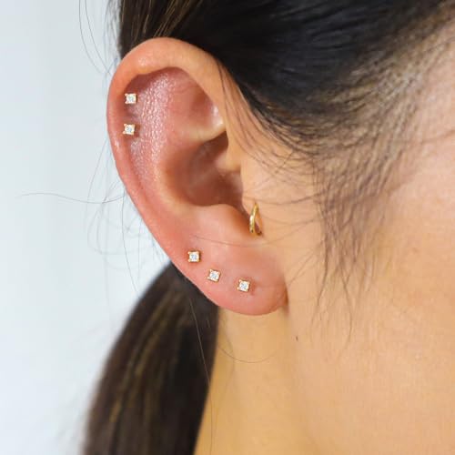 20G Hypoallergenic Surgical Steel Square Pearl Ball CZ Flat Back Stud Earrings for Sensitive Ear, Lightweight Shiny Earrings Studs for Helix Tragus Cartilage Multiple Piercing - color: Gold-G