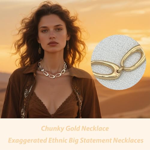 Chunky Chain Necklaces Women Statement Collar Necklace Gold Flat Snake Chain Choker Ribbed Design for Party, Dress Jewelry Gifts - color: A2
