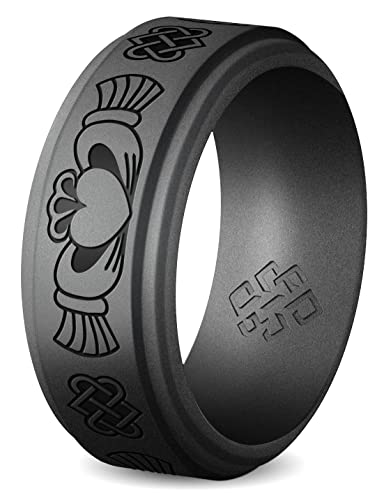 Knot Theory Silicone Ring for Men - Trinity, Claddagh, Celtic Engraving - 8mm Bandwidth Breathable Comfort Fit - color: Dark Silver Claddagh, size: Size 10 ~ 10.5