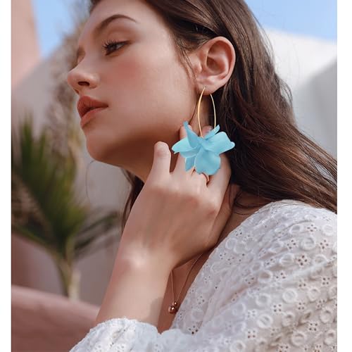 Exaggerated Bohemian Resin Rose Flower Petal Dangle Drop Earrings Long Acrylic Tiered Floral Tassel Earring for Women - color: Blue