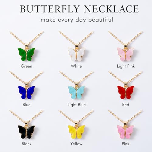 Rrdaily 9 Pcs Dainty Colorful Butterfly Pendant Necklace Set for Women,Bohemian Acrylic Butterfly Chain Necklace Cute Jewelry Gift - style: White card