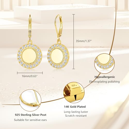 Disc Dangle Earrings for Women, 14K Gold Plated Flat Hypoallergenic Drop Earrings, Silver Classic Coin Leverback Earrings for Women Jewelry Gifts - color: B-14K Gold