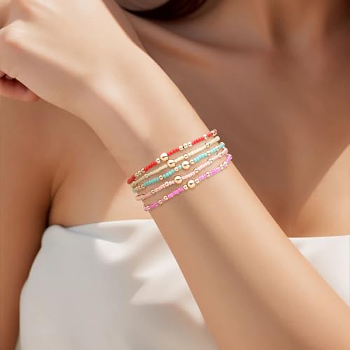 Gold Beaded Stackable Friendship Bracelets Set for Women, Handmade Boho Stretch Summer Jewelry Gift. - color: gold orange green red fuchsia yellow