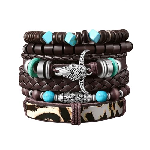 Turquoise Leather Western Bracelets for Women Men Bohemian Retro Turquoise Wrap Bracelets Exquisite Layered Stacked Cowboy Cowgirl Bracelet Western Country Concert Outfits Leather Cuff Bracelet for Women - style: Bull Head,Turquoise