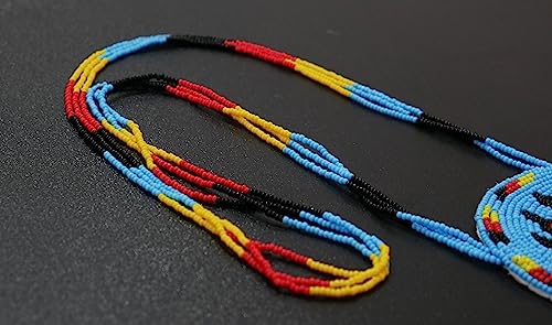 Handmade Native American Style Tribal ethnic Seed Bead Beaded Layered Medallion Necklace #1 - color: Bear Paw Skyblue