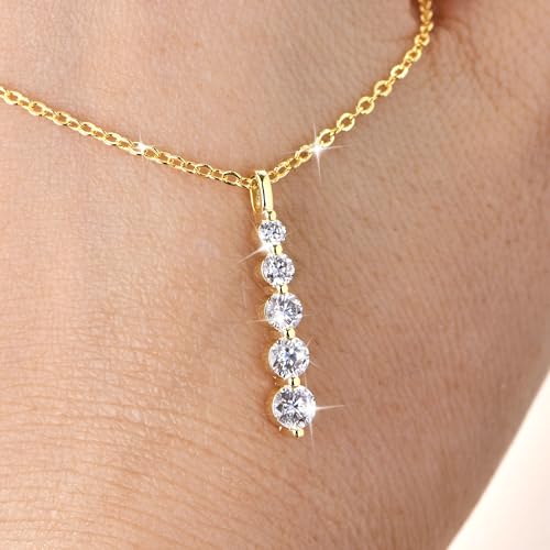 Moissanite Drop Pendant Necklace for Women, 0.92 CT 14K Gold Filled 5-Stone Round Pendant, Trendy Jewelry Gift for Wife Mother Birthday Anniversary Valentines Wedding - color: Gold