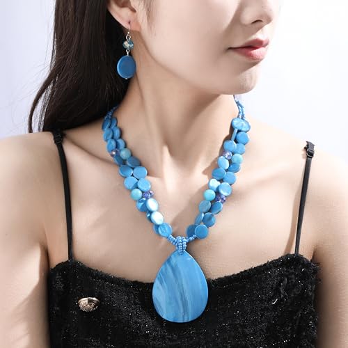 Big Teardrop Pendant Necklaces for Women Colorful Beaded Necklaces Statement Set for Holiday. - color: Light Blue