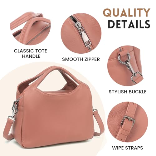 KOGTLA Medium Genuine Leather Purses for Women with Detachable Satchel Strap, Ladies Soft Handbags, Tote Hobo Bags - color: Pink