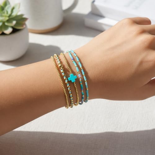 Gold Beaded Cross Bracelet for Women, 14K Plated Adjustable Stackable Dainty Bracelets, Non Tarnish Fashion Jewelry Set Gifts for Women Birthday Friendship - color: Colors-6