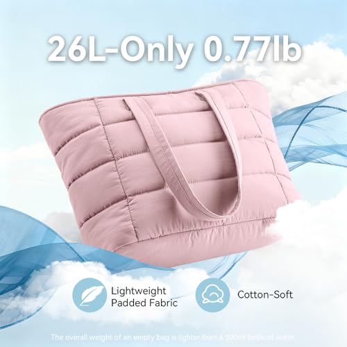 Puffer Tote Bag with Pouch, Women's Lightweight Quilted Shoulder Bag, 15.6"/17.3 Laptop Travel Weekender for Work & Nurses - color: Pink, size: Large