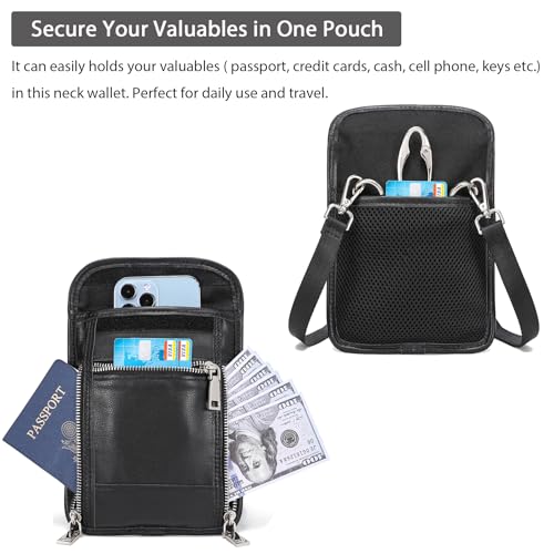 LANNSYNE Leather Travel Wallet, Neck Wallet Travel Pouch and Passport Holder for Men and Women Keep Valuables Safe - color: Black