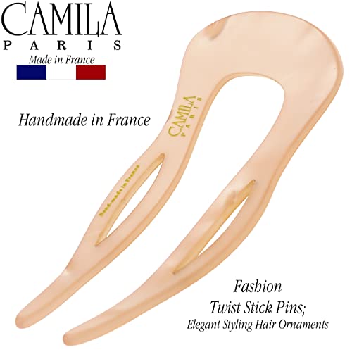 Camila Paris CP3416 French Twist Stick Clip Pins, Peach, Wavy Hair Pin U-Shaped Hair Fork for Girls Spiral Updo Chignon Bun Holder, Fashion Flexible Styling Hair Accessories for Women, Made in France - color: 2-Prong Peach