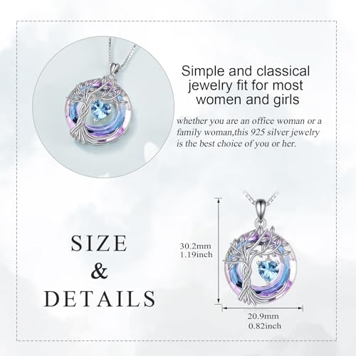 POPLYKE Mothers Day Gifts for Mom Her Wife Tree of Life Necklace 925 Sterling Silver Birthstone Pendant with Crystal Anniversary Birthday Wedding Jewelry for Women - color: 03-Mar-Aquamarine, style: White Gold Plated-Amethyst Crystal
