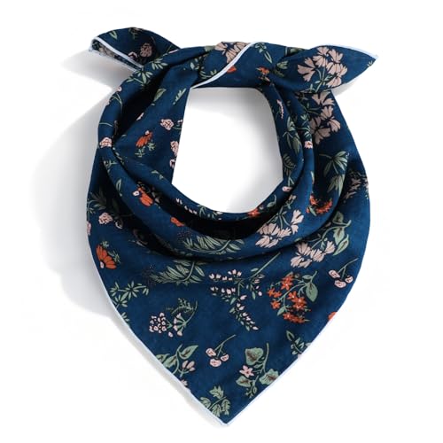 Navy Blue Floral Bandana, 21.7" Square Cotton Bandana Headscarf Hair Handkerchief, Women Bandanas Headbands for Beach Camping Running