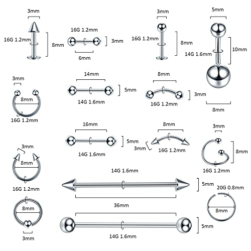 Oveta 150-151PCS Body Piercing Jewelry Lot 14G 16G 20G Stainless Steel Nose Lip Tongue Cartilage Tragus Eyebrow Industrial Barbell Belly Button Rings Piercing Kit Jewelry - style: 150pcs-Silver